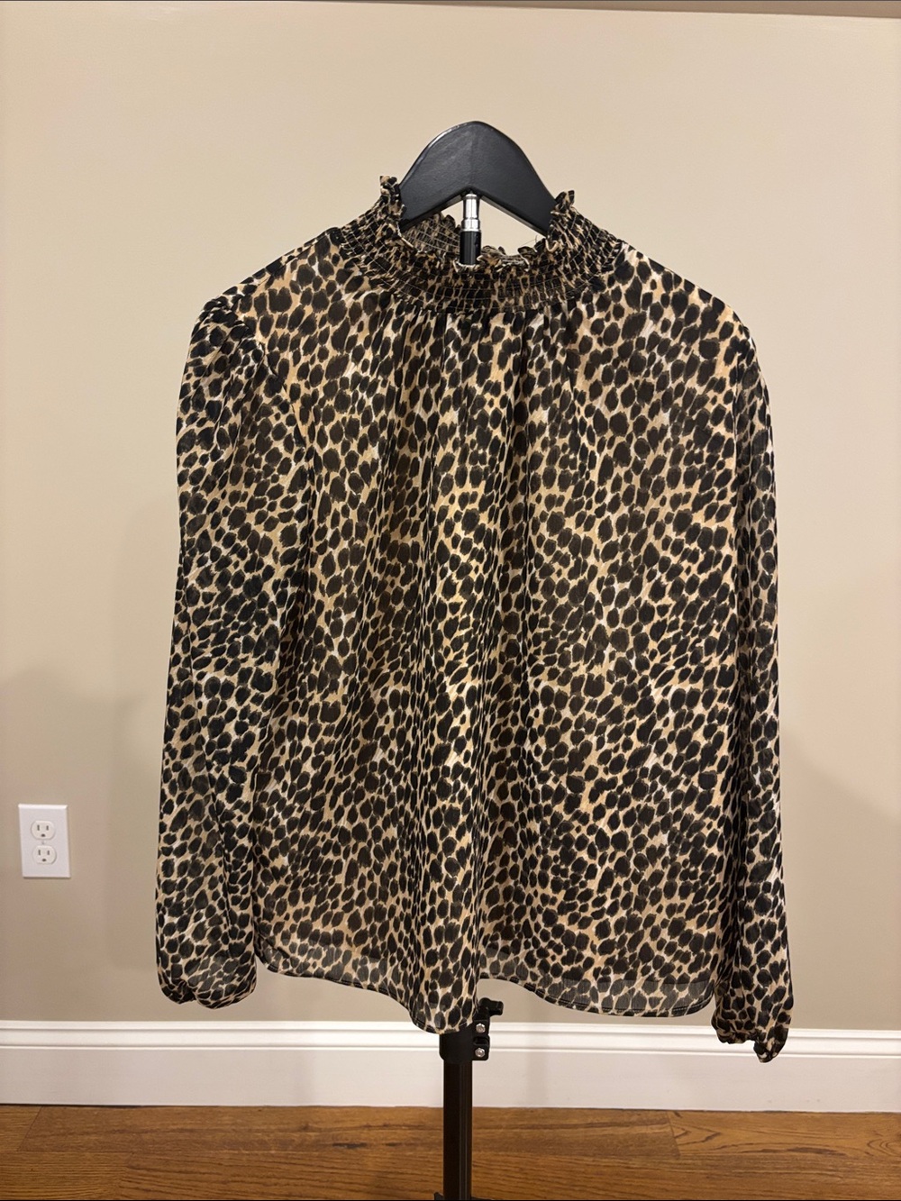 J. Crew Leopard Smocked Neck Blouse - Black & Tan